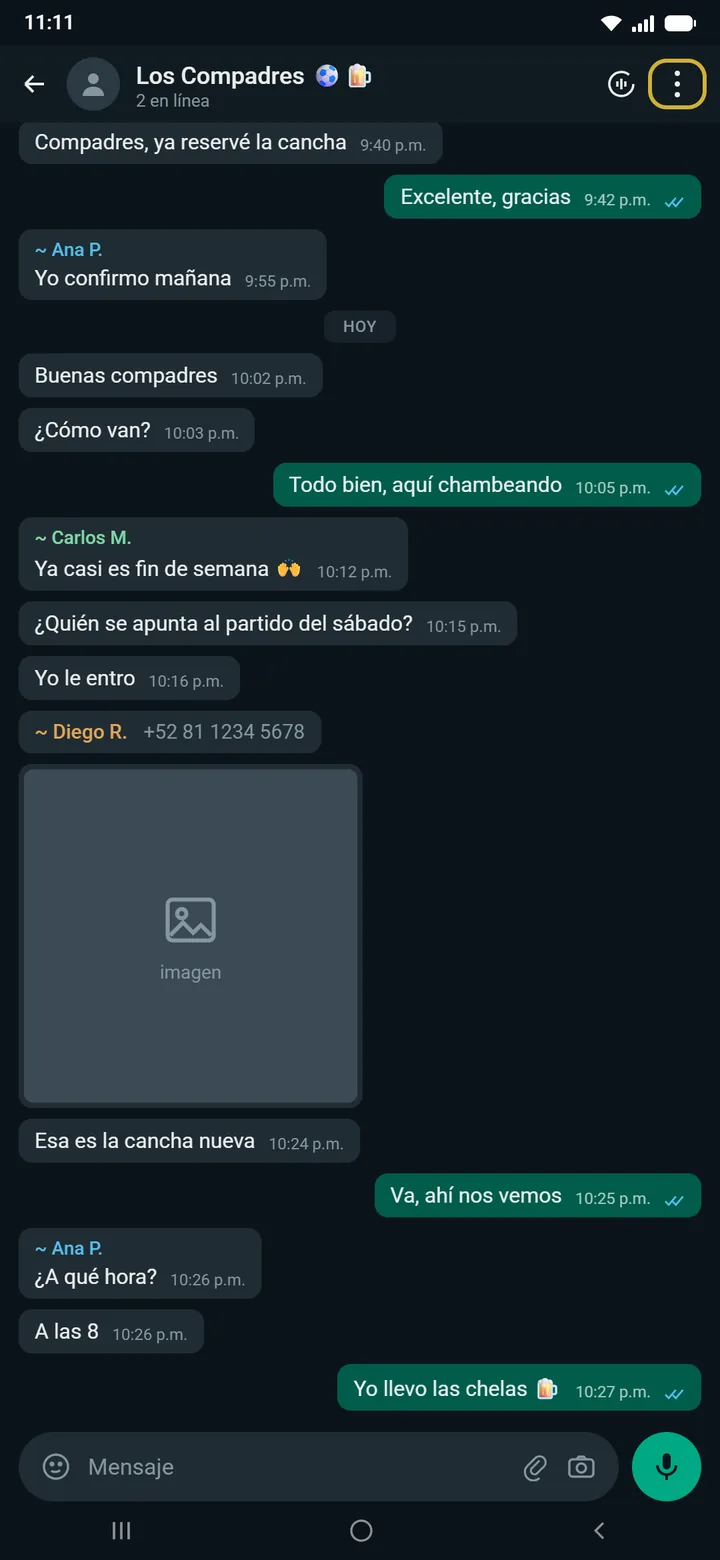 Chat del grupo — Menú de tres puntos