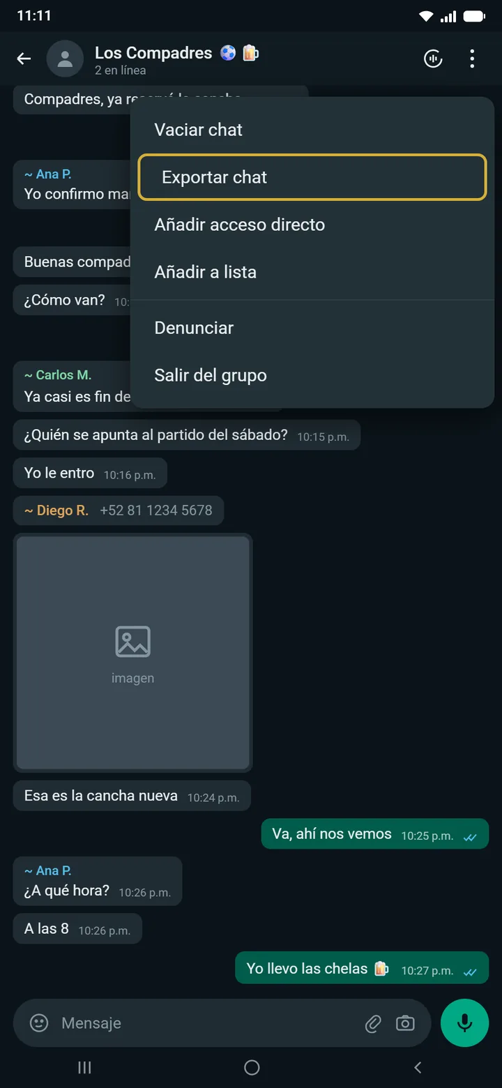 Submenú Más — Exportar chat