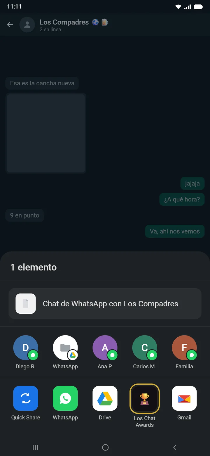 Menú de compartir de Android con el ícono de Los Chat Awards
