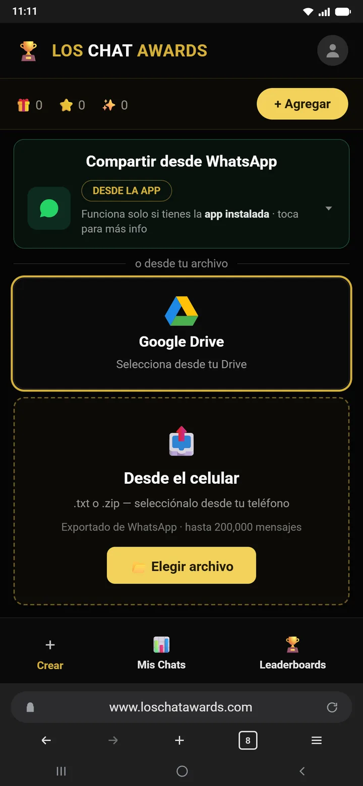 App Los Chat Awards — Tarjeta Google Drive