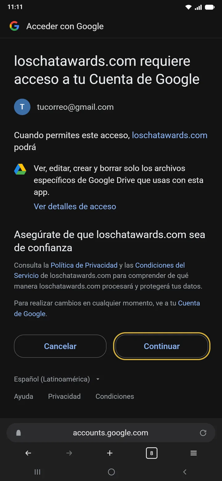 Permiso de Google Drive — Botón Continuar