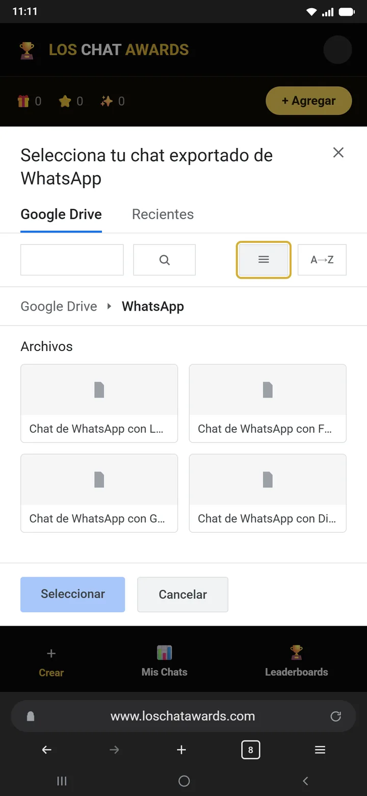 Carpeta WhatsApp en mosaico — Botón de vista de lista